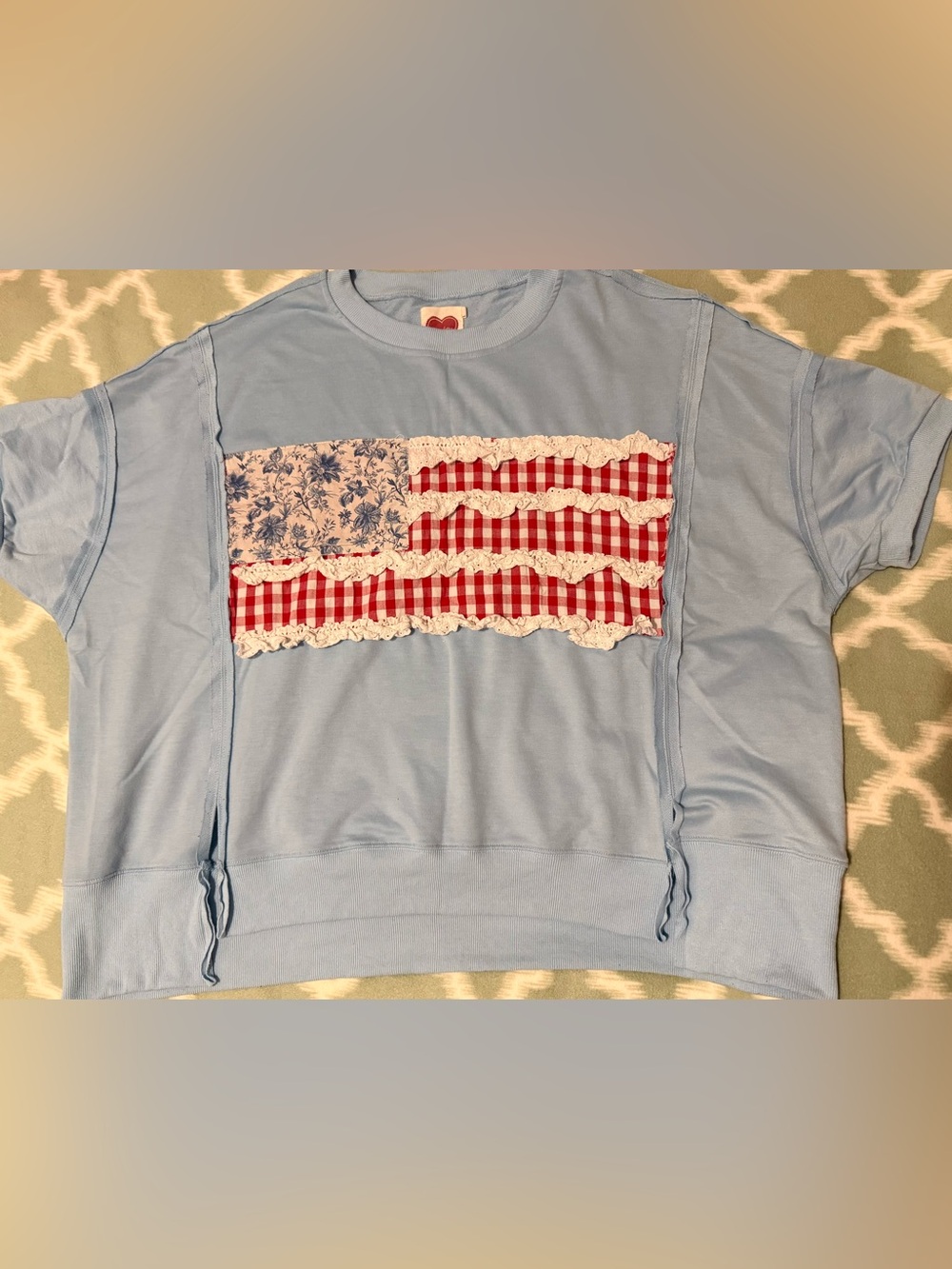 Light Blue Embroidered Short Sleeve Sweatshirt Top